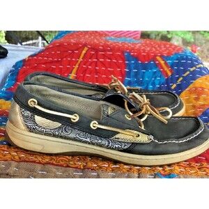 Sperry Top-Sider black leather / metallic gold brocade boat shoes. Women's 9 M